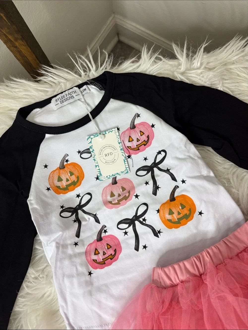 Kids Halloween Pumpkin Baseball Tee & Pink Tulle Skirt Set Size 12M